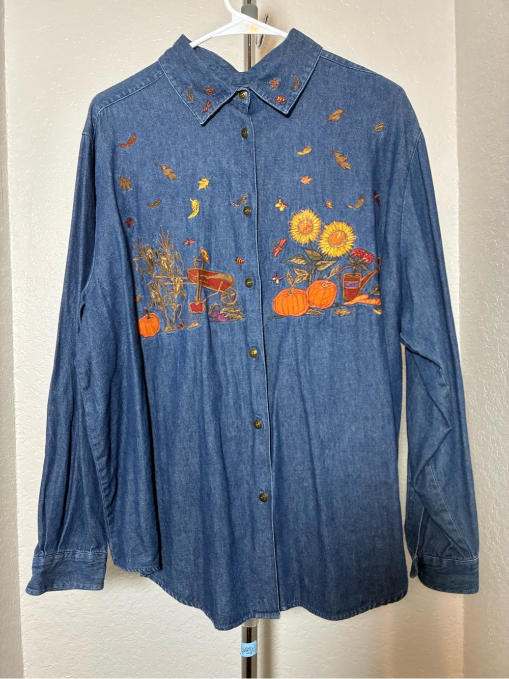 Karen Scott Denim Button-Up Shirt with Autumn Floral & Pumpkin Embroidery - 1X